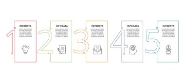 İş verisi görselleştirmesi. İşlem çizelgesi. Grafik ögeleri, diyagramı 5 adım, seçenekler, bölümler