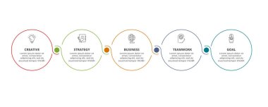 Grafiğin çember ögeleri, 5 adımlı diyagram, seçenekler, parçalar veya süreçler. Infographic için şablon