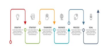 Grafiğin soyut okları, 6 aşamalı diyagram, seçenekler, parçalar veya süreçler. Vektör iş şablonu