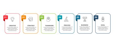 İş verisi görselleştirmesi. İşlem çizelgesi. Grafik ögeleri, 6 adım, seçenekler, bölümler ya da