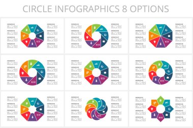 Grafiğin çember ögelerini, diyagramı 8 adım, seçenek, parça veya süreçle ayarla.