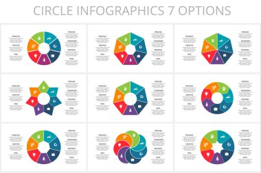 Grafiğin çember ögelerini, diyagramını 7 adım, seçenek, parça veya süreçle ayarla.