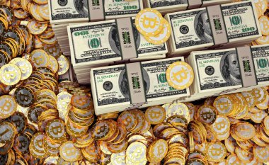 100 dolarlık banknotlar ve altın Bitcoins destesi - 3d render