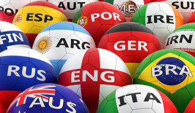 Futbol topları farklı ulusal bayrak renkleri - 3d render renkli 