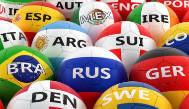 Futbol topları farklı ulusal bayrak renkleri - 3d render renkli 