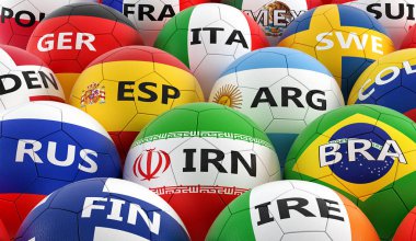 Futbol topları farklı ulusal bayrak renkleri - 3d render renkli 