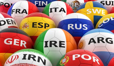 Futbol topları farklı ulusal bayrak renkleri - 3d render renkli 