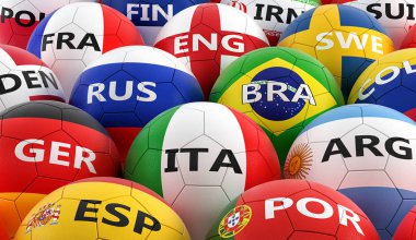 Futbol topları farklı ulusal bayrak renkleri - 3d render renkli 