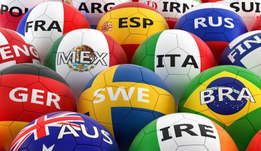 Futbol topları farklı ulusal bayrak renkleri - 3d render renkli 