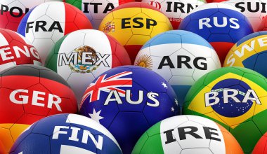 Futbol topları farklı ulusal bayrak renkleri - 3d render renkli 