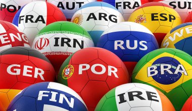 Futbol topları farklı ulusal bayrak renkleri - 3d render renkli 