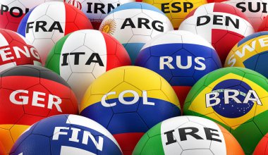 Futbol topları farklı ulusal bayrak renkleri - 3d render renkli 