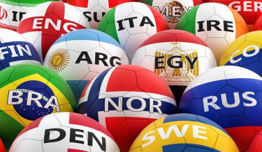 Futbol topları farklı ulusal bayrak renkleri - 3d render renkli 