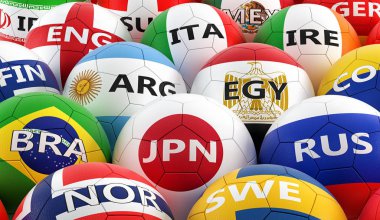 Futbol topları farklı ulusal bayrak renkleri - 3d render renkli 