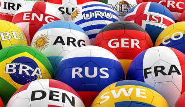 Futbol topları farklı ulusal bayrak renkleri - 3d render renkli 