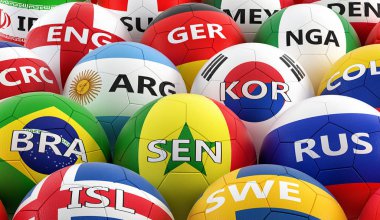 Futbol topları farklı ulusal bayrak renkleri - 3d render renkli 