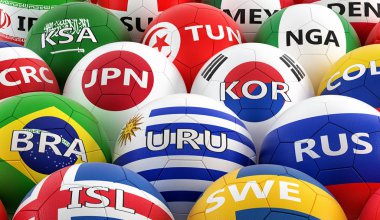 Futbol topları farklı ulusal bayrak renkleri - 3d render renkli 