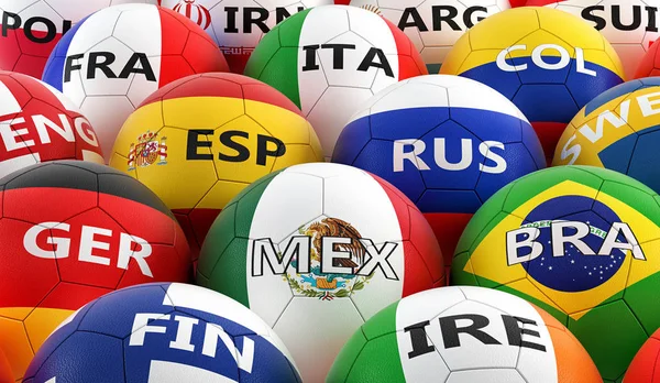 Futbol topları farklı ulusal bayrak renkleri - 3d render renkli 