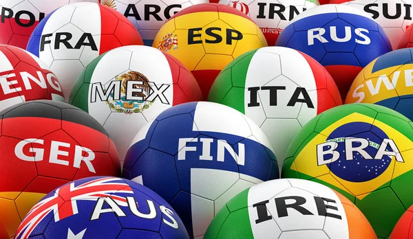 Futbol topları farklı ulusal bayrak renkleri - 3d render renkli 