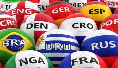 Futbol topları farklı ulusal bayrak renkleri - 3d render renkli 