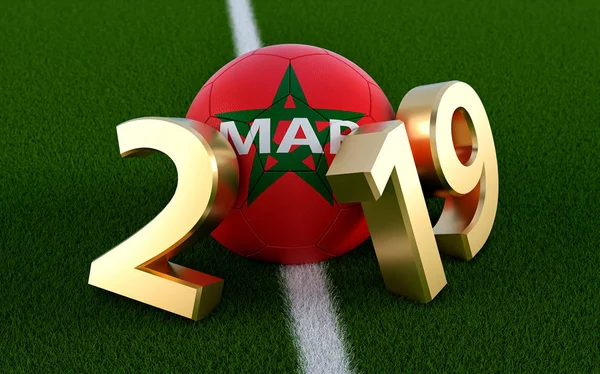 Soccer 2019 - Soccer ball in Morocco flag design on a soccer field. Soccer ball representing the 0 in 2019. 3D Rendering