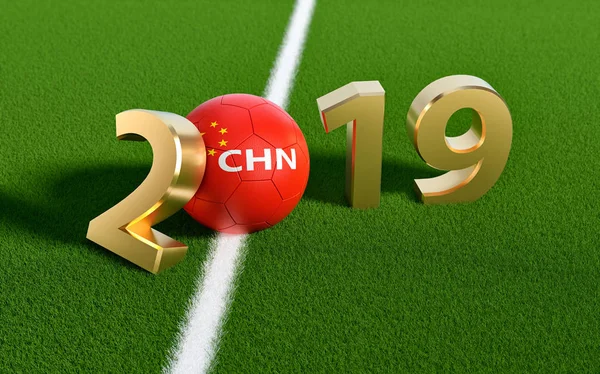 Soccer 2019 - Soccer ball in China flag design on a soccer field. Soccer ball representing the 0 in 2019. 3D Rendering