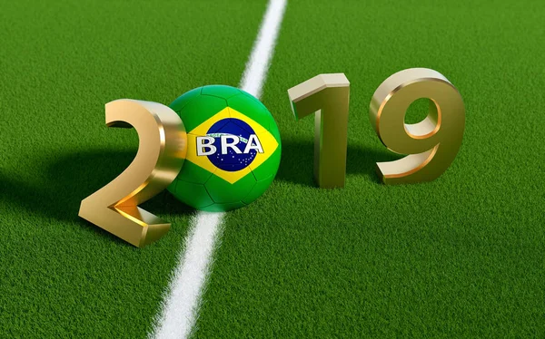 Soccer 2019 - Soccer ball in Brazil flag design on a soccer field. Soccer ball representing the 0 in 2019. 3D Rendering