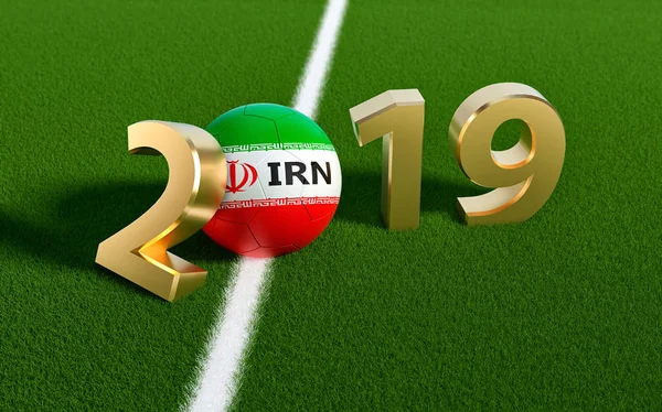 Soccer 2019 - Soccer ball in Iran flag design on a soccer field. Soccer ball representing the 0 in 2019. 3D Rendering