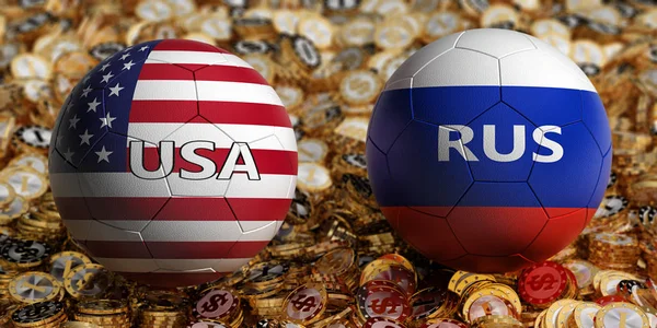 Russia vs. USA Soccer Match - Soccer balls in Russia and USA national colors on a bed of golden dollar coins. 3D Rendering