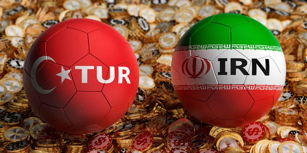 Turkey vs. Iran Soccer Match - Soccer balls in Turkey and Iran national colors on a bed of golden dollar coins. 3D Rendering