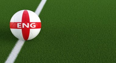 Futbol topu bir futbol sahası üzerinde İngiliz Ulusal renklerde. Alanı sağ tarafındaki Kopyala - 3d render 