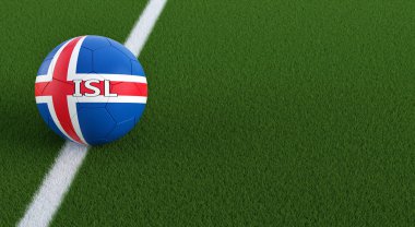 Futbol topu bir futbol sahası üzerinde Icelands Ulusal renklerde. Alanı sağ tarafındaki Kopyala - 3d render 