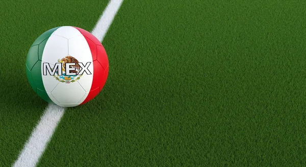 Soccer ball in mexican national colors on a soccer field. Copy space on the right side - 3D Rendering