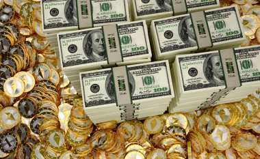 Bitcoins ve dolar - 3d render