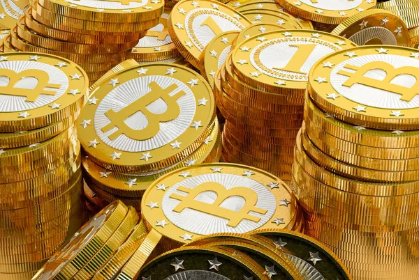 Pilha Bitcoins Ouro — Fotografia de Stock