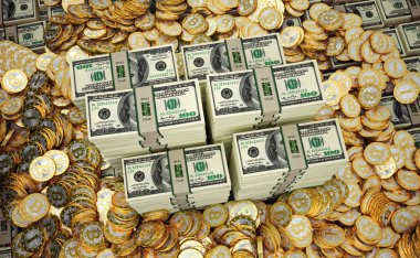 Bitcoins ve dolar - 3d render