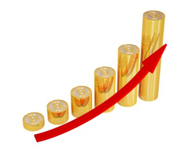 Kırmızı ok ve altın Bitcoins - beyaz arka plan üzerinde büyüme grafiği