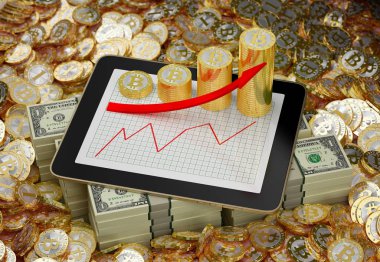 Genel tablet - çubuk grafikler kar gösterilen bitcoins yapılan - 3d render büyümek.