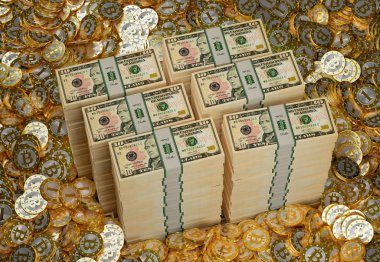Bitcoins ve dolar - 3d render
