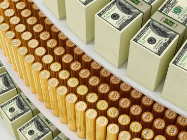 Yığınları Bitcoins ve dolar faturaları - 3d render 