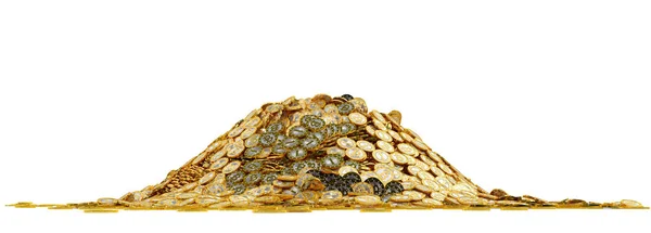 Big Pile Golden Bitcoins Isolated White Straight Frontal View — Stock Photo, Image