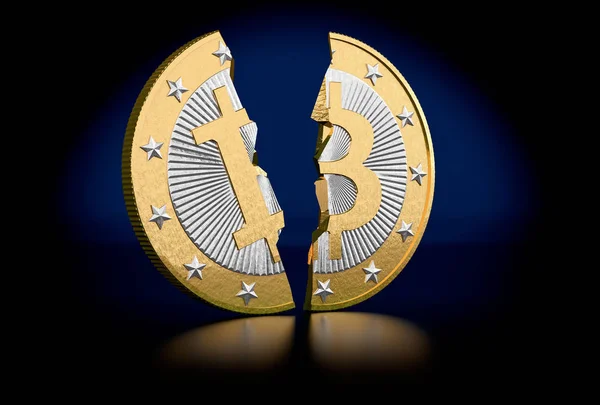 Golden Bitcoin Split Two Parts — Stock Photo, Image
