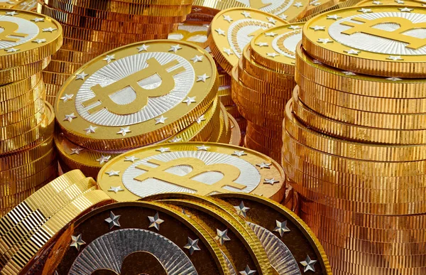 Pilhas Bitcoins Dourados Renderização — Fotografia de Stock