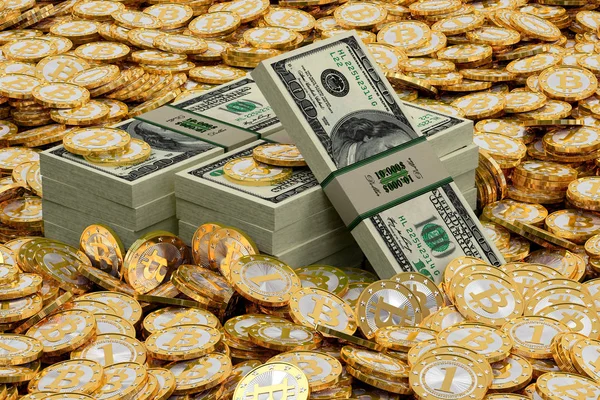 Bitcoins Dourados Notas 100 Dólares — Fotografia de Stock