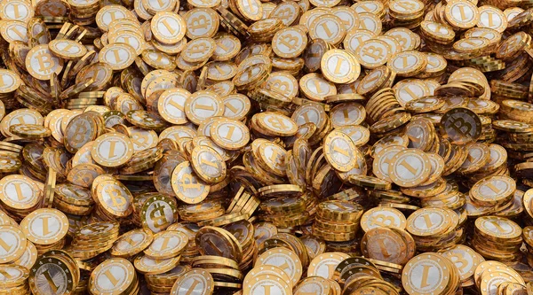 Högen Gyllene Bitcoins Rendering — Stockfoto