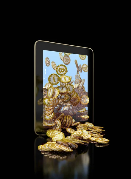 Bitcoins Falling Out Tablet Rendering — стоковое фото