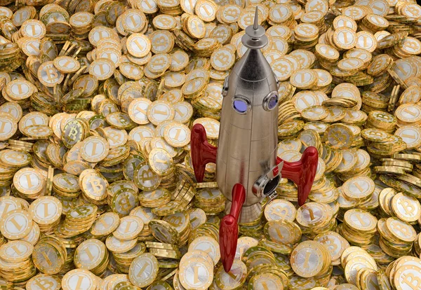 Rakéta Állva Egy Csomó Bitcoins — Stock Fotó