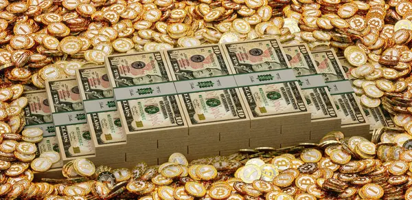 Bitcoins Dólares Rendering — Fotografia de Stock