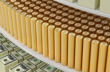 Yığınları Bitcoins ve dolar faturaları - 3d render 