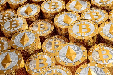 Bitcoin ve Ethereum para - 3d render